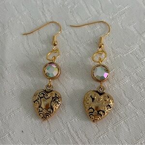 Gold Tone Heart and AB Glass Earrings